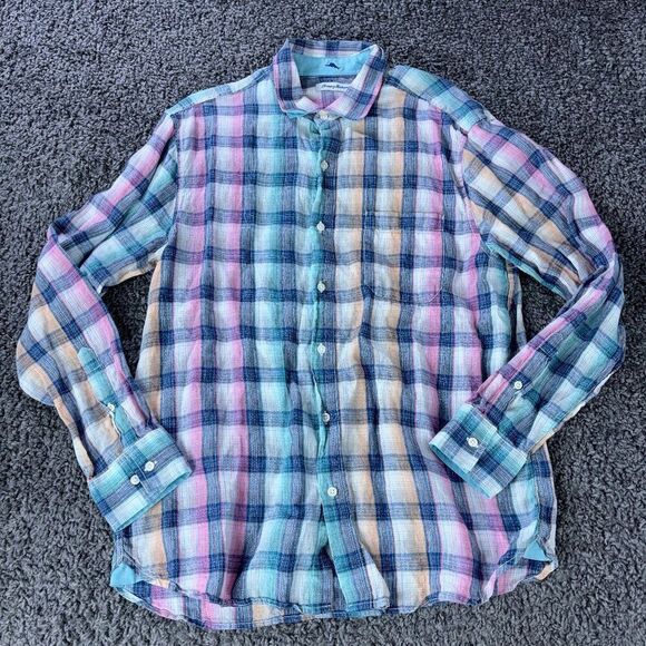 Tommy Bahama Shirt 100% Linen Mens Large Plaid Multicolor Button Up Long Sleeve - Picture 1 of 9